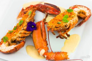 Baby homard en croûte de chorizo, crème de champagne safranée, risotto aux petits pois